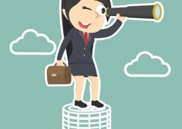 Cartoon businesswoman on paper stack with telescope