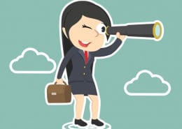Businesswoman looking through monocular on cliff