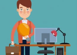 Cartoon of man at work desk.