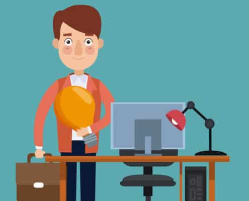 Cartoon of man at work desk.