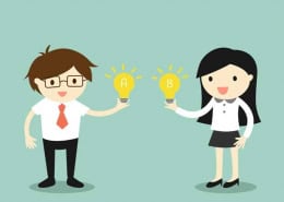 Cartoon of man and woman holding light bulbs.