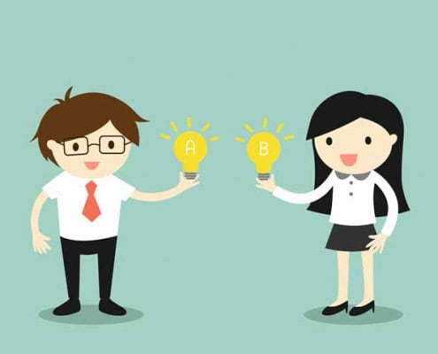 Cartoon of man and woman holding light bulbs.