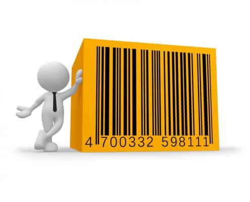 3D figure pushing a large yellow folder with a barcode, symbolizing data management
