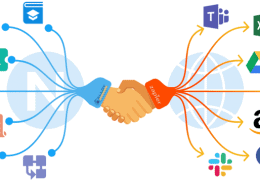 Icon of handshake merging two data streams, symbolizing integration.