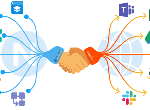 Icon of handshake merging two data streams, symbolizing integration.
