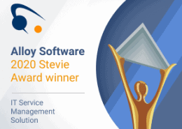 The image features a graphic celebrating Alloy Software as a 2020 Stevie Award Winner, with an illustration of a triumphant figure holding a star aloft, alongside text and the company logo.