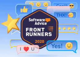 Badge with 'Software Advice FRONT RUNNERS 2020' surrounded by social icons.