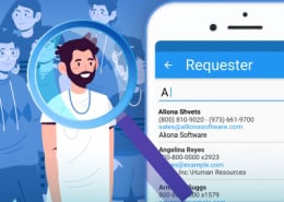 Person with magnifying glass next to the mobile app