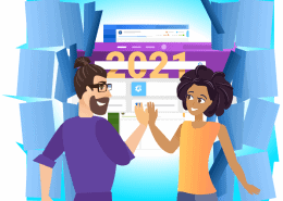 An image with two figures high-fiving, representing a 'hero' feature or major update in ITSM software for the year 2021.