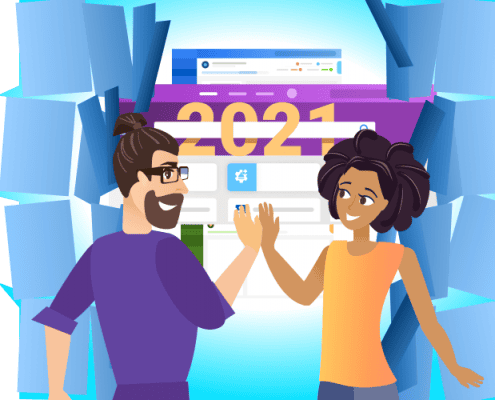 An image with two figures high-fiving, representing a 'hero' feature or major update in ITSM software for the year 2021.
