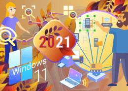 Vivid collage with '2021 Windows 11', devices and interface elements.