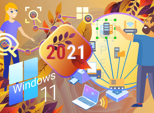 Vivid collage with '2021 Windows 11', devices and interface elements.