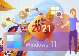 Artistic collage with '2021 Windows 11' and abstract shapes.