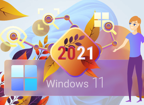 Artistic collage with '2021 Windows 11' and abstract shapes.