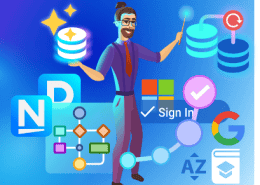 Man with various technology and communication icons around him.