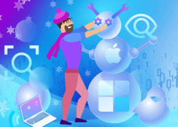 Image of a man interacting with digital tools and snowman-like icons, indicating IT support during winter.