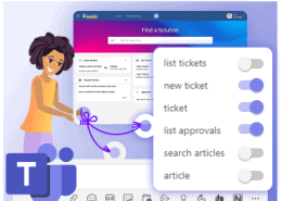 Cartoon of a woman using a digital self-service assistant on a computer screen.