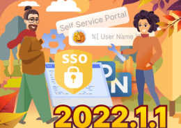 "Cartoon showcasing 2022.1 software update with VPN and SSO features."