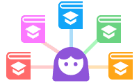 Icon of a person surrounded by books.