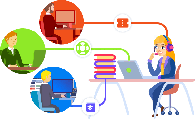 person at help desk connected to the other person icons