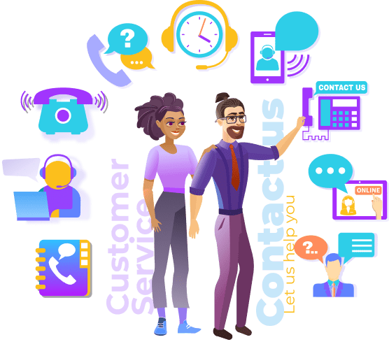 2 person surrounded icons of help desk features