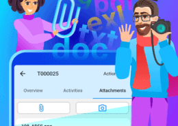 Animated characters using mobile app for IT service tickets.