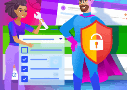 A man with a shield stands on the background of the application screenshots
