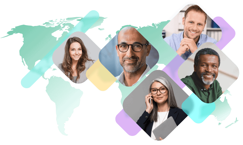 Diverse team over global network background.