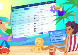 Woman on beach multitasking with service desk interfaces.