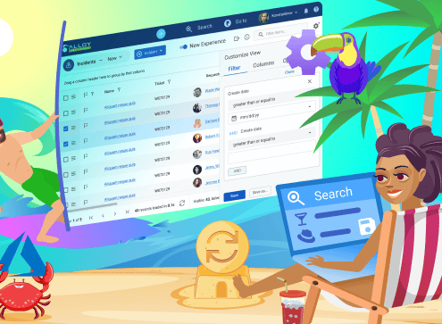 Woman on beach multitasking with service desk interfaces.
