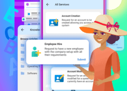 Cartoon girl presents the functions of the mobile application.