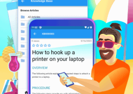 cartoon IT person presents the functions of the mobile application.