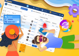 The image shows two people on a beach interacting with a large, floating graphical user interface.