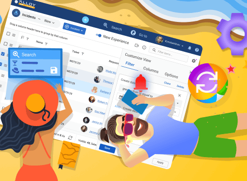The image shows two people on a beach interacting with a large, floating graphical user interface.