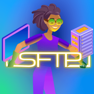 Animated figure with server and SFTP text.