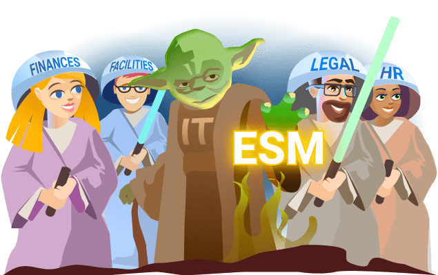 An image metaphorically illustrating the relationship in Enterprise Service Management, where IT is the master of ITSM and other departments are its apprentices.