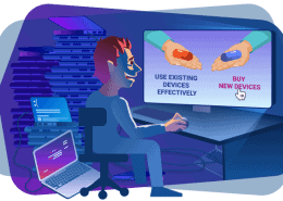 a shopaholic IT manager sits at the computer and thanks about buying more devices, while he already has lots of unused devices in the room. an illustration to the main idea of the article