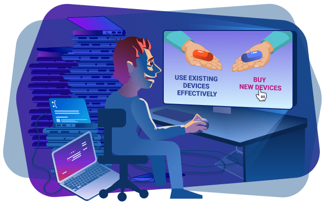 a shopaholic IT manager sits at the computer and thanks about buying more devices, while he already has lots of unused devices in the room. an illustration to the main idea of the article