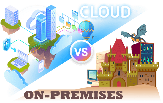 A picture metaphorically depicting the difference between the cloud and the on-premises deployments.