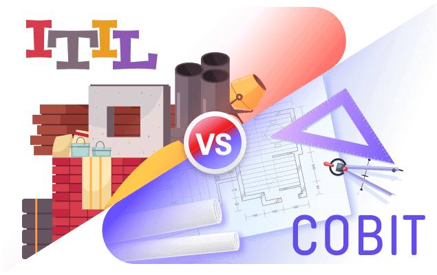 an image metaphorically depicting the difference between COBIT and ITIL frameworks as the difference between a construction blueprint and the building tools such as bricks