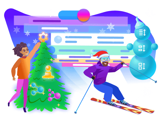 Cartoon of skiers with IT elements and a festive tree.