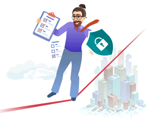 Person using a laptop with technology icons and graphs in the background, representing digital transformation and IT management.