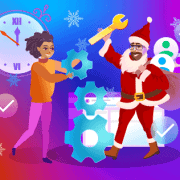Cartoon of Santa with mechanic and festive IT gears.