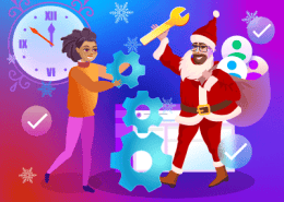 Cartoon of Santa with mechanic and festive IT gears.