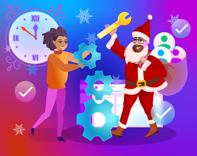 Cartoon of Santa with mechanic and festive IT gears.