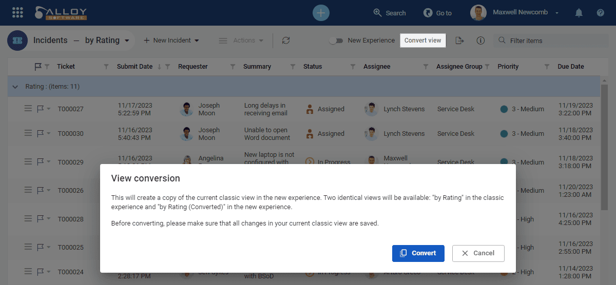 Screenshot with message about View conversion.