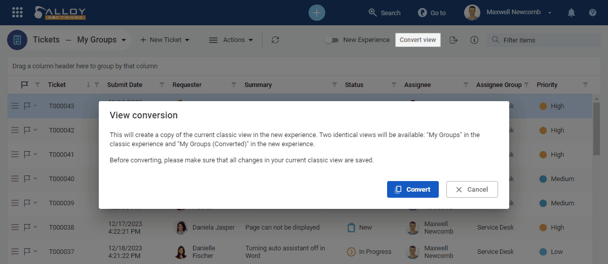 ITSM ticket conversion interface with action buttons.
