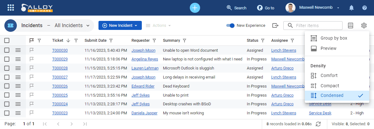 Screenshot of an ITSM incident management table.