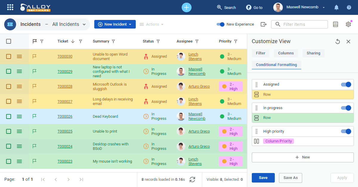 Color-coded ITSM ticket view with filters.