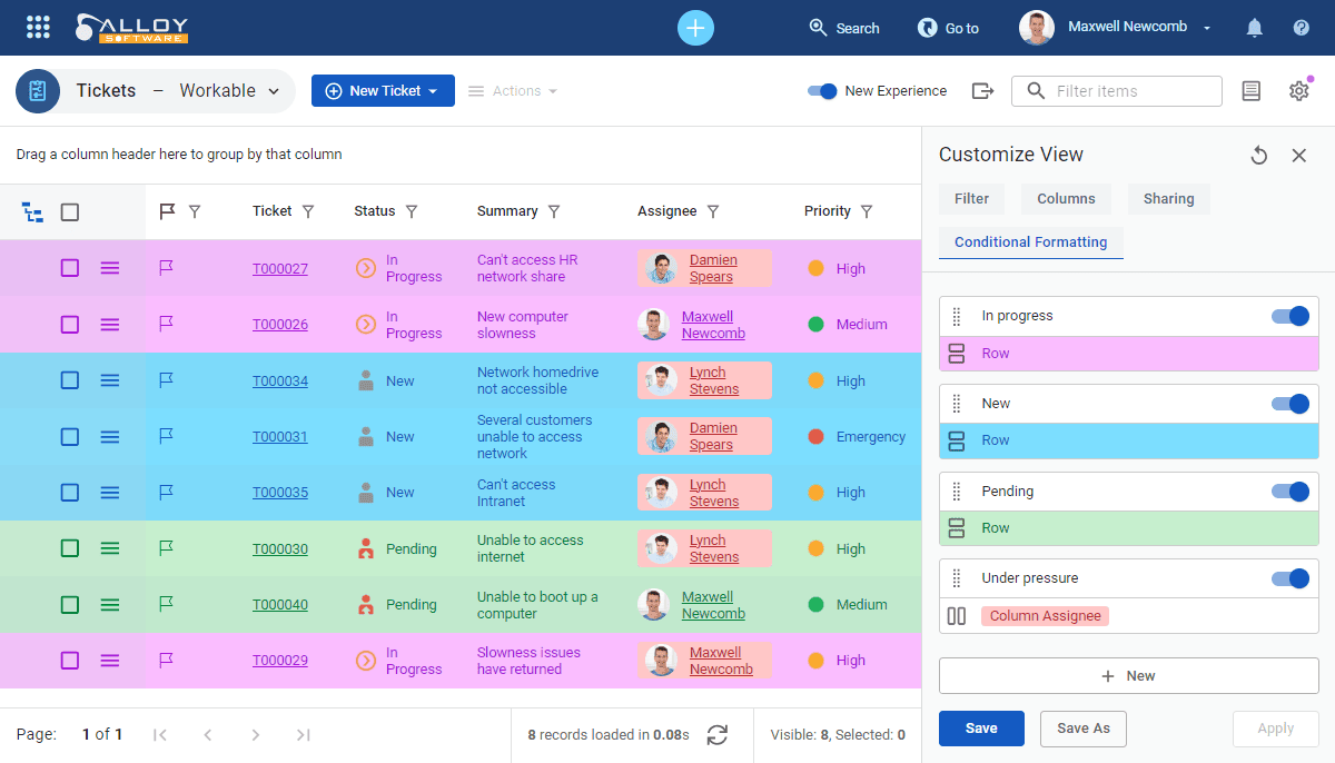 Color-coded ITSM ticket dashboard with filters.